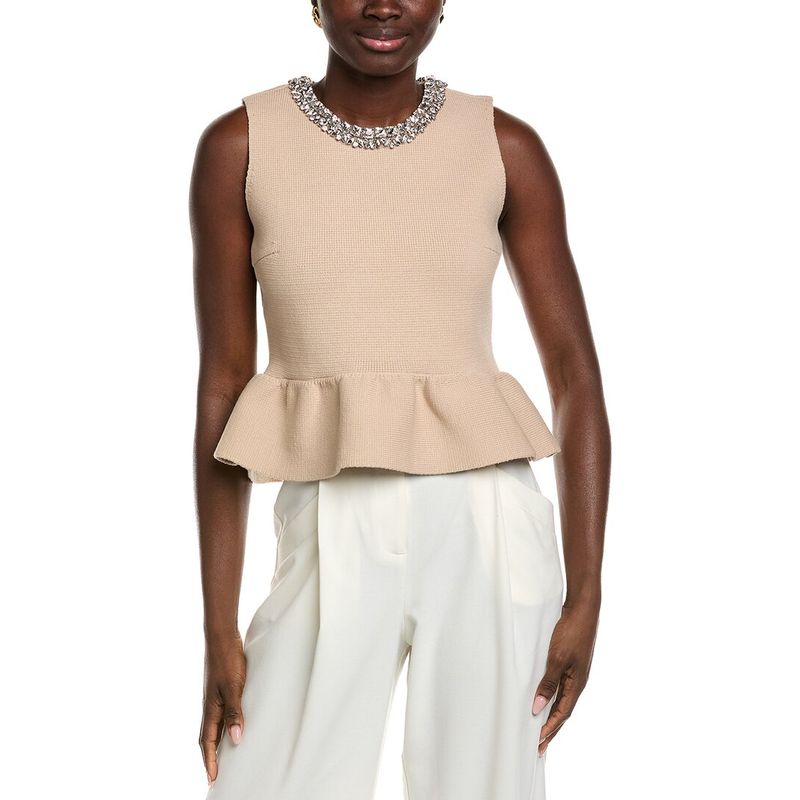 Endless Rose Womens Jewel Trim Peplum Knit Top, Brown